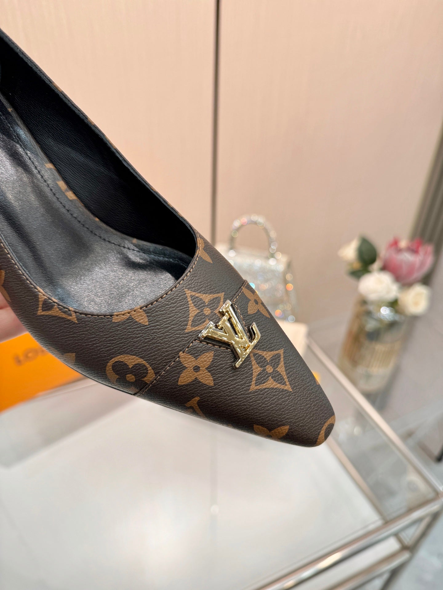 LV 26S POINTED-TOE HIGH HEELS 55 MM IN DARK BROWN COATED CANVAS