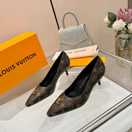 LV 26S POINTED-TOE HIGH HEELS 55 MM IN DARK BROWN COATED CANVAS