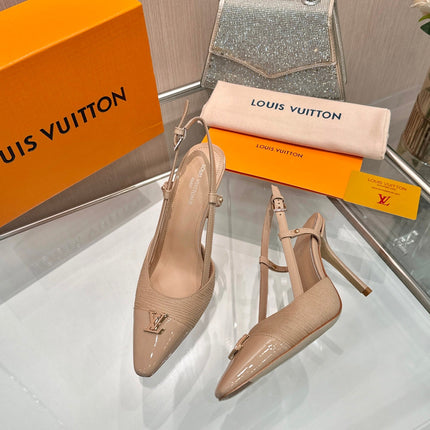 LV 26S SLINGBACK PUMPS 90 MM IN BEIGE BROWN FABRIC AND CALFSKIN