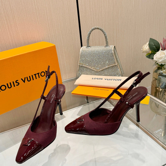 LV 26S SLINGBACK PUMPS 90 MM IN DARK RED FABRIC AND CALFSKIN