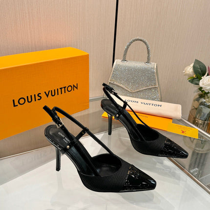 LV 26S SLINGBACK PUMPS 90 MM IN BLACK FABRIC AND CALFSKIN