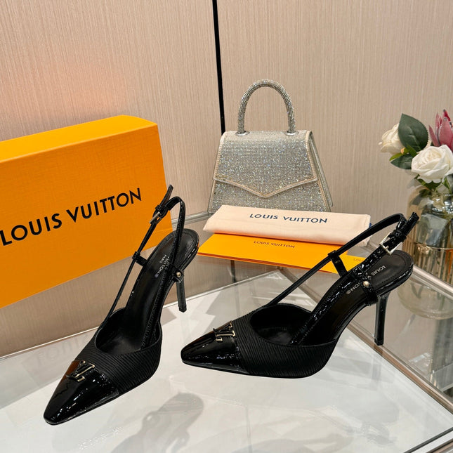 LV 26S SLINGBACK PUMPS 90 MM IN BLACK FABRIC AND CALFSKIN