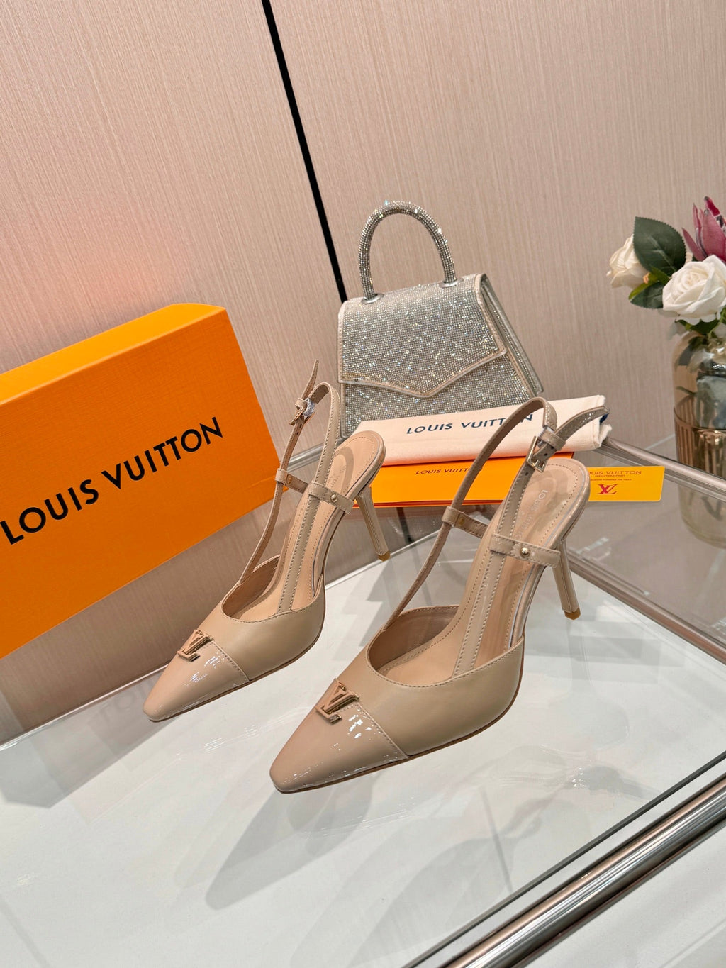 LV 26S SLINGBACK PUMPS 90 MM IN BEIGE BROWN CALFSKIN