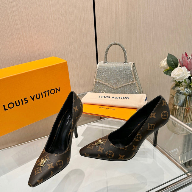 LV 26S POINTED-TOE HIGH HEELS 90 MM IN DARK BROWN COATED CANVAS