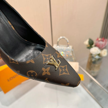 LV 26S POINTED-TOE HIGH HEELS 90 MM IN DARK BROWN COATED CANVAS