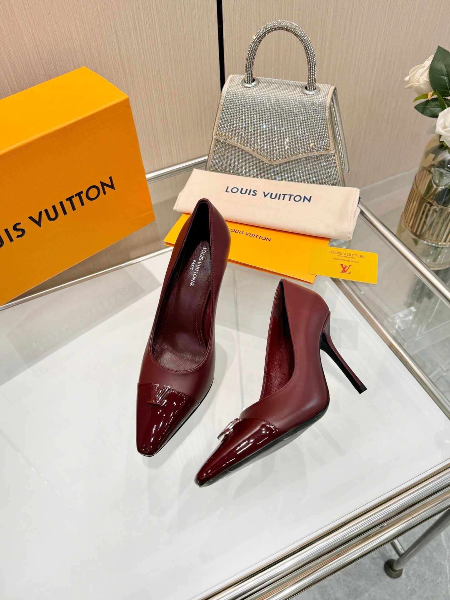LV 26S POINTED-TOE HIGH HEELS 90 MM IN DARK RED CALFSKIN