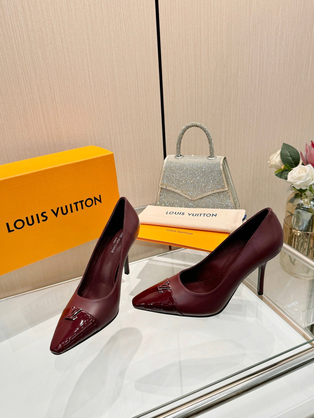 LV 26S POINTED-TOE HIGH HEELS 90 MM IN DARK RED CALFSKIN