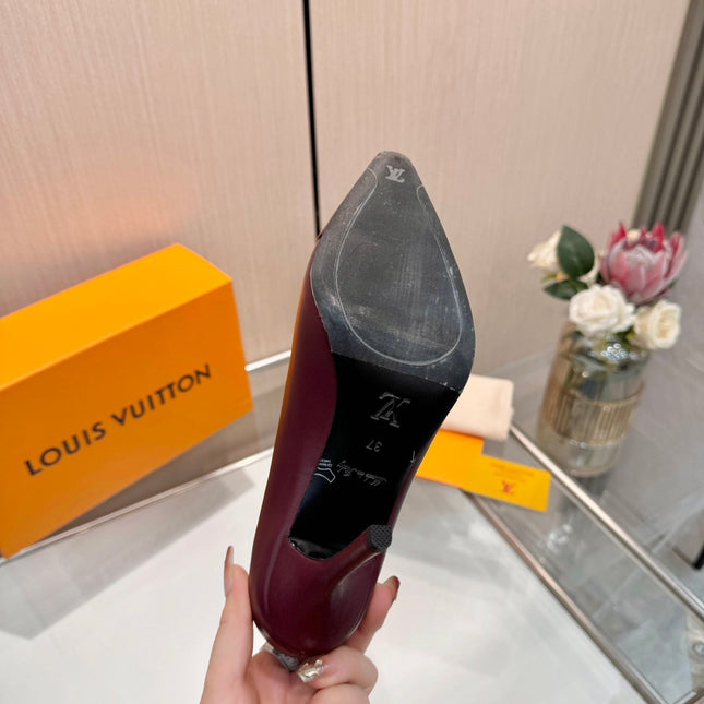 LV 26S POINTED-TOE HIGH HEELS 90 MM IN DARK RED CALFSKIN