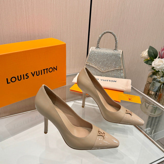 LV 26S POINTED-TOE HIGH HEELS 90 MM IN BEIGE BROWN CALFSKIN
