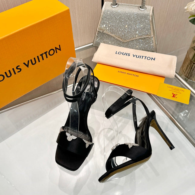 LV 26S HIGH-HEELED SANDALS 90 MM IN BLACK SATIN
