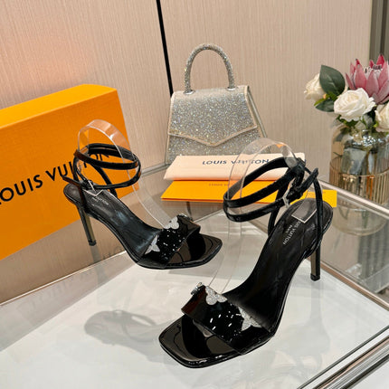 LV 26S HIGH-HEELED SANDALS 90 MM IN BLACK GLOSSY CALFSKIN