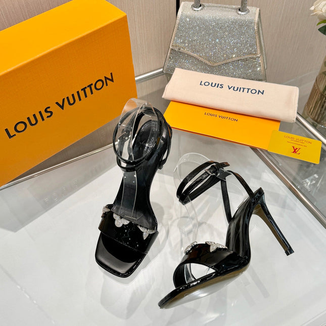 LV 26S HIGH-HEELED SANDALS 90 MM IN BLACK GLOSSY CALFSKIN