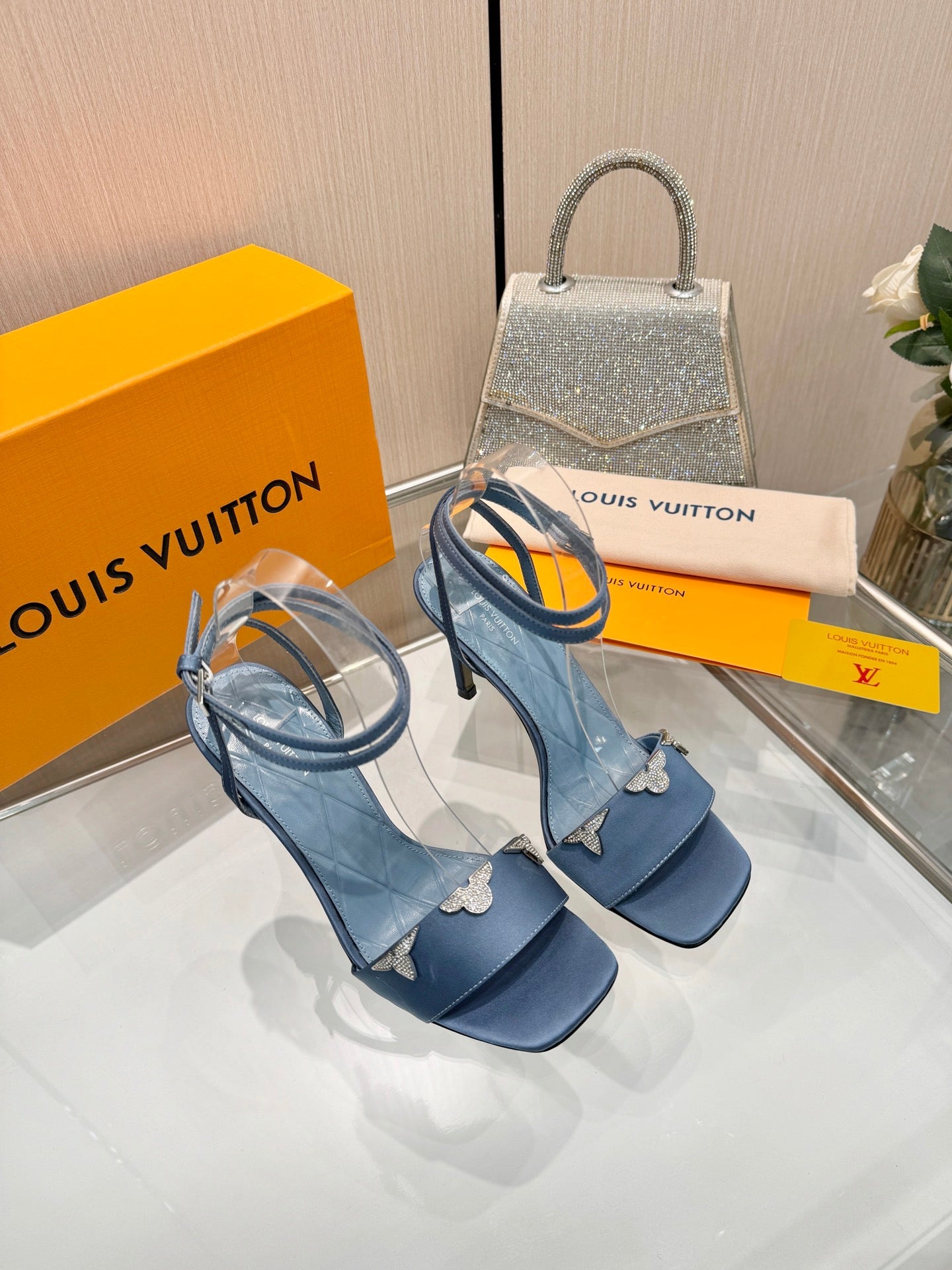 LV 26S HIGH-HEELED SANDALS 90 MM IN DUSTY BLUE SATIN