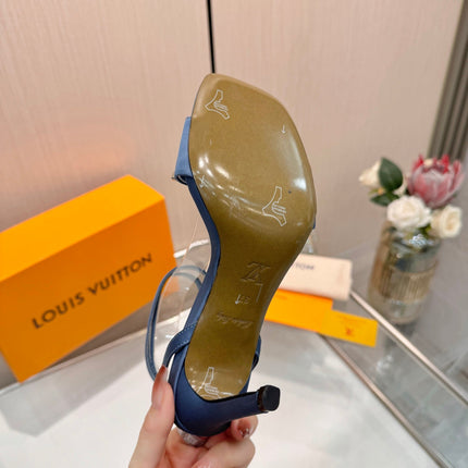 LV 26S HIGH-HEELED SANDALS 90 MM IN DUSTY BLUE SATIN