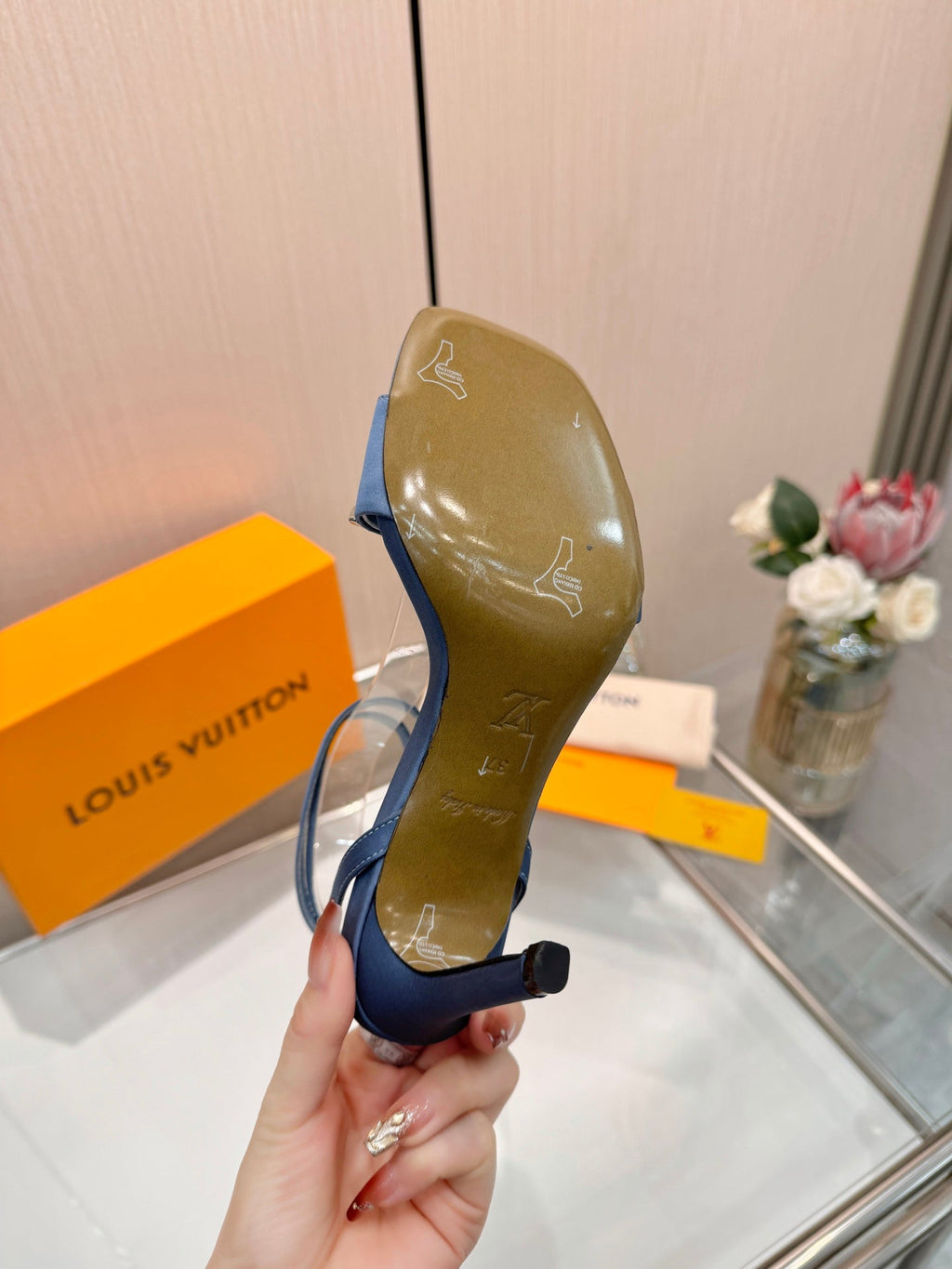 LV 26S HIGH-HEELED SANDALS 90 MM IN DUSTY BLUE SATIN