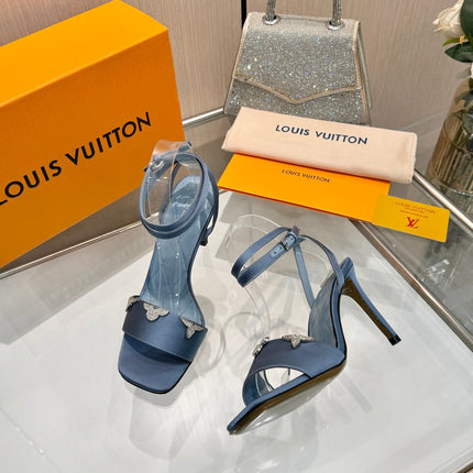 LV 26S HIGH-HEELED SANDALS 90 MM IN DUSTY BLUE SATIN