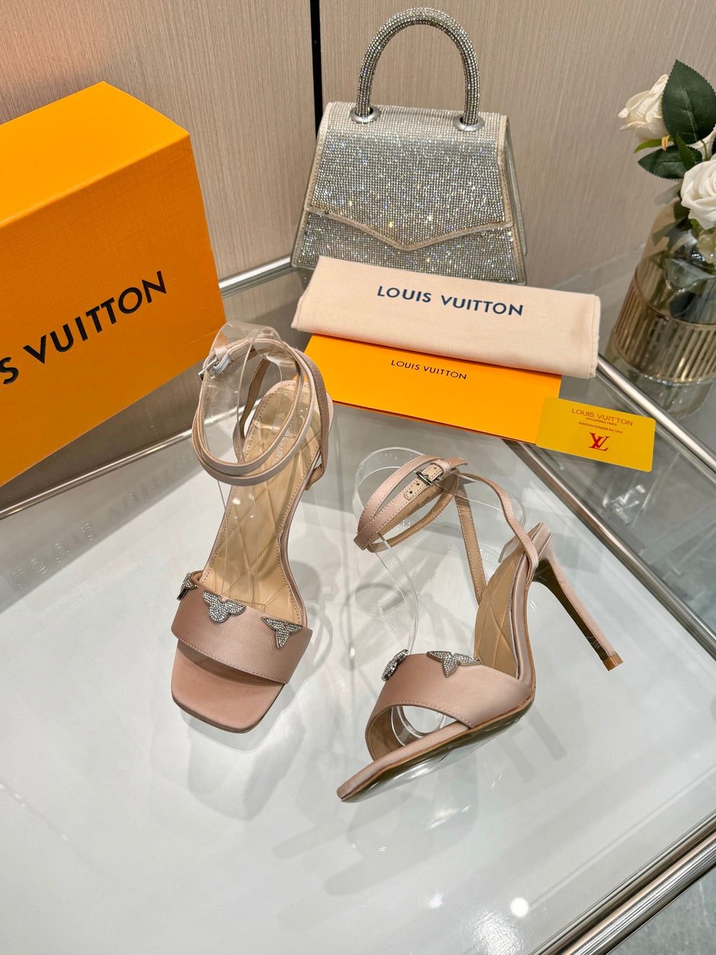 LV 26S HIGH-HEELED SANDALS 90 MM IN NUDE PINK SATIN