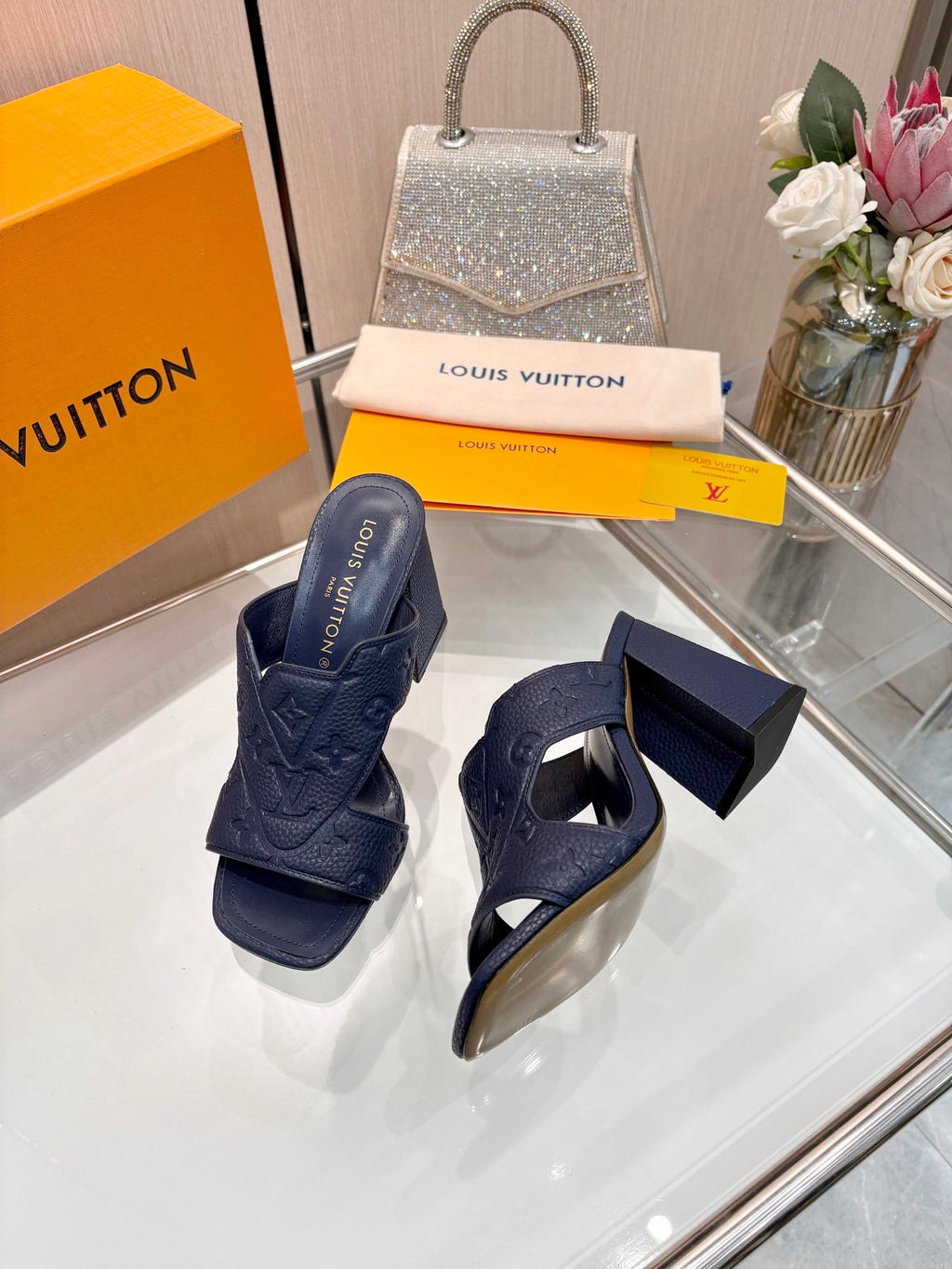 LV 26S HIGH-HEELED SANDALS 90 MM IN DARK SLATE BLUE CALFSKIN