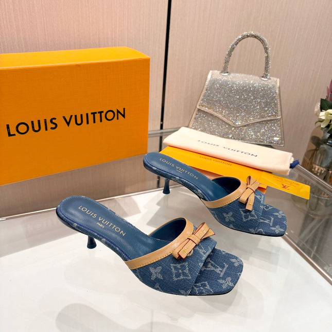 LV 26S HIGH-HEELED MULES 55 MM IN BLUE DENIM