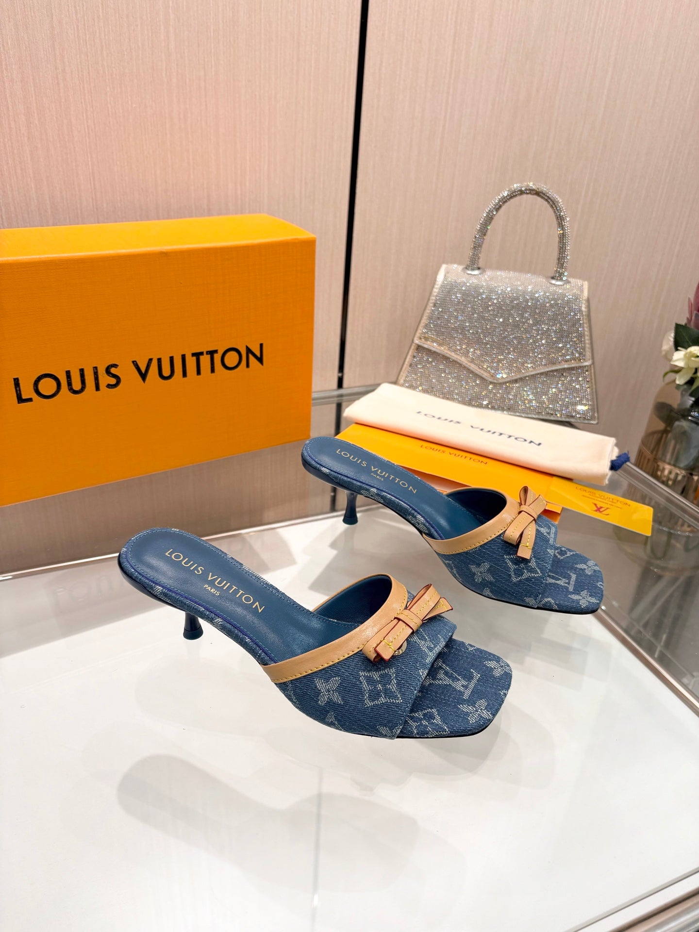 LV 26S HIGH-HEELED MULES 55 MM IN BLUE DENIM