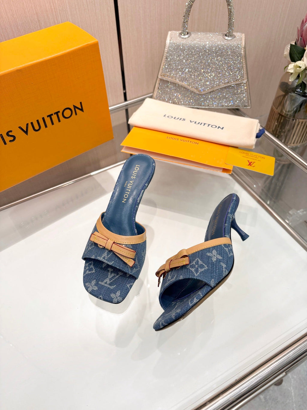 LV 26S HIGH-HEELED MULES 55 MM IN BLUE DENIM