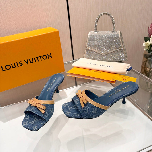 LV 26S HIGH-HEELED MULES 55 MM IN BLUE DENIM