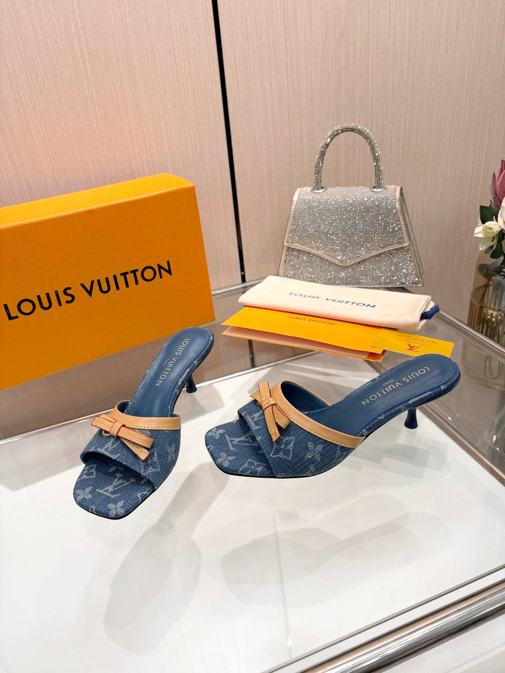 LV 26S HIGH-HEELED MULES 55 MM IN BLUE DENIM