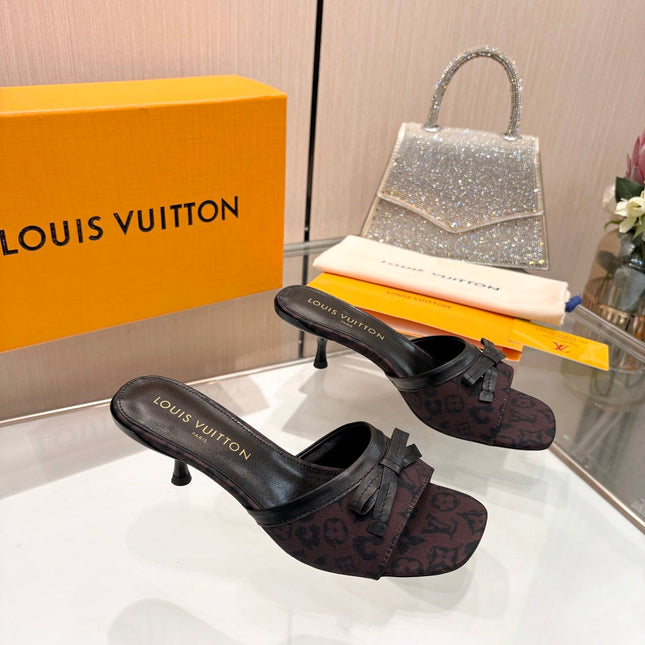 LV 26S HIGH-HEELED MULES 55 MM IN MUTED PLUM BROWN MONOGRAM CANVAS