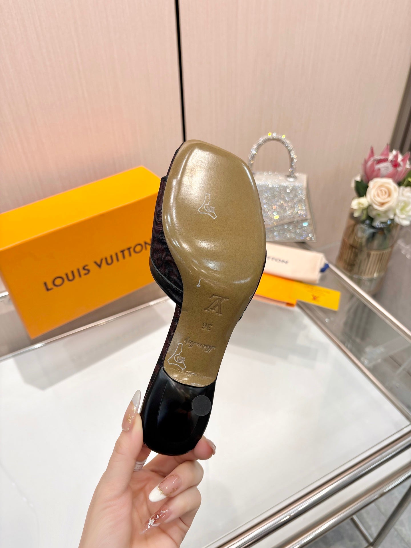 LV 26S HIGH-HEELED MULES 55 MM IN MUTED PLUM BROWN MONOGRAM CANVAS