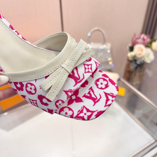 LV 26S HIGH-HEELED MULES 55 MM IN WHITE AND PINK MONOGRAM CANVAS