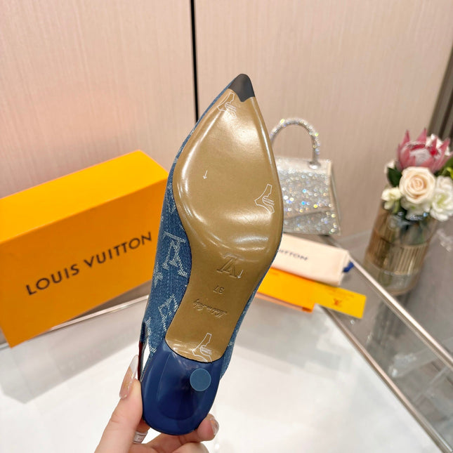 LV 26S BOW-DETAIL SLINGBACK PUMPS 55 MM IN BLUE DENIM