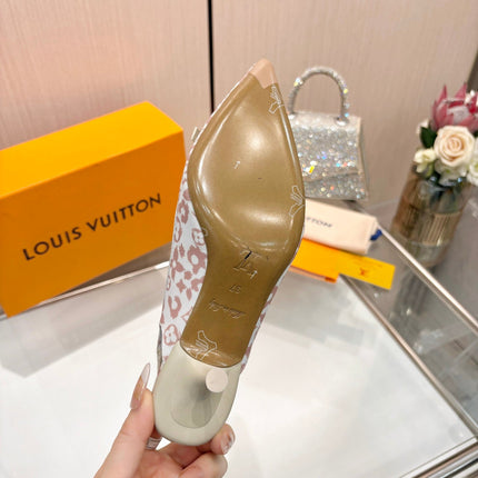 LV 26S BOW-DETAIL SLINGBACK PUMPS 55 MM IN WHITE AND MUTED ROSE PINK MONOGRAM CANVAS