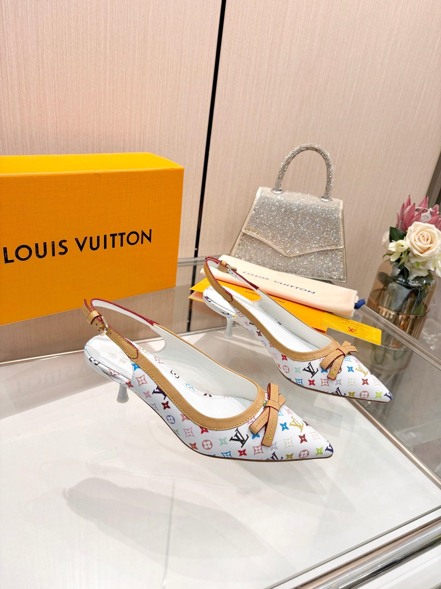 LV 26S BOW-DETAIL SLINGBACK PUMPS 55 MM IN MULTICOLOR MONOGRAM CANVAS