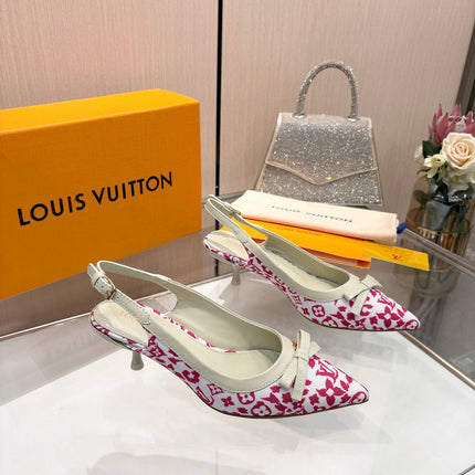 LV 26S BOW-DETAIL SLINGBACK PUMPS 55 MM IN WHITE AND PINK MONOGRAM CANVAS