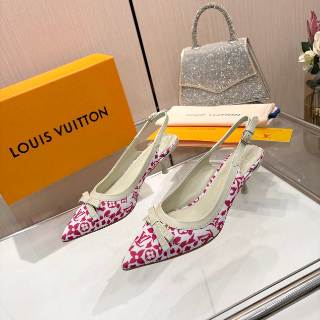 LV 26S BOW-DETAIL SLINGBACK PUMPS 55 MM IN WHITE AND PINK MONOGRAM CANVAS