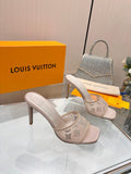 LV 26S MULE HEELS 90 MM IN BEIGE FABRIC AND LAMBSKIN