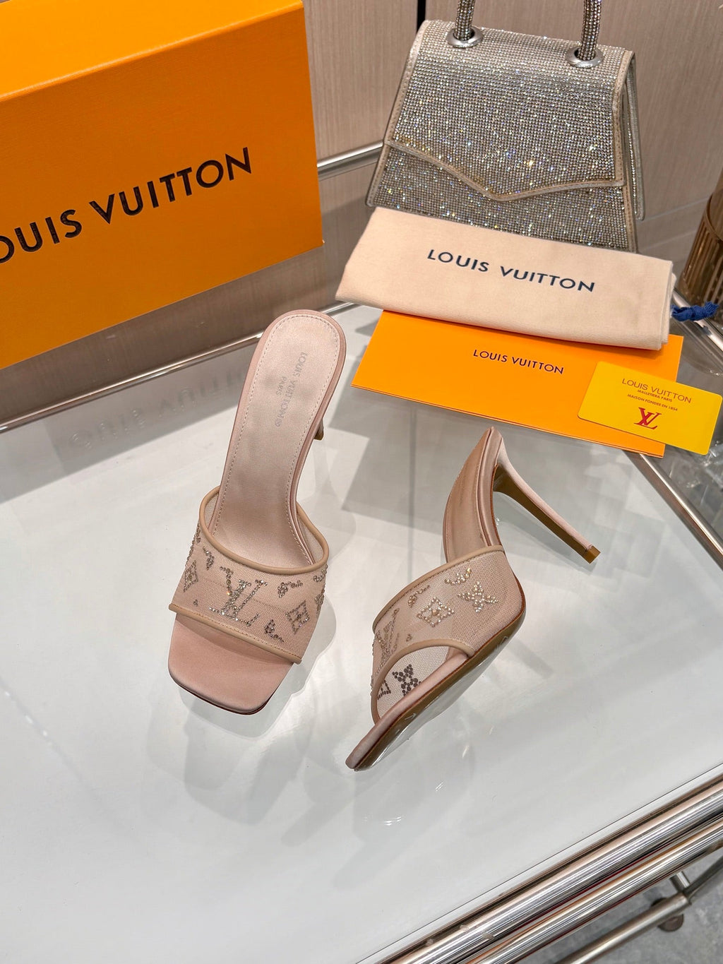 LV 26S MULE HEELS 90 MM IN BEIGE FABRIC AND LAMBSKIN