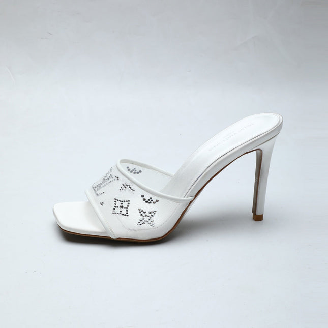 LV 26S MULE HEELS 90 MM IN WHITE FABRIC AND LAMBSKIN