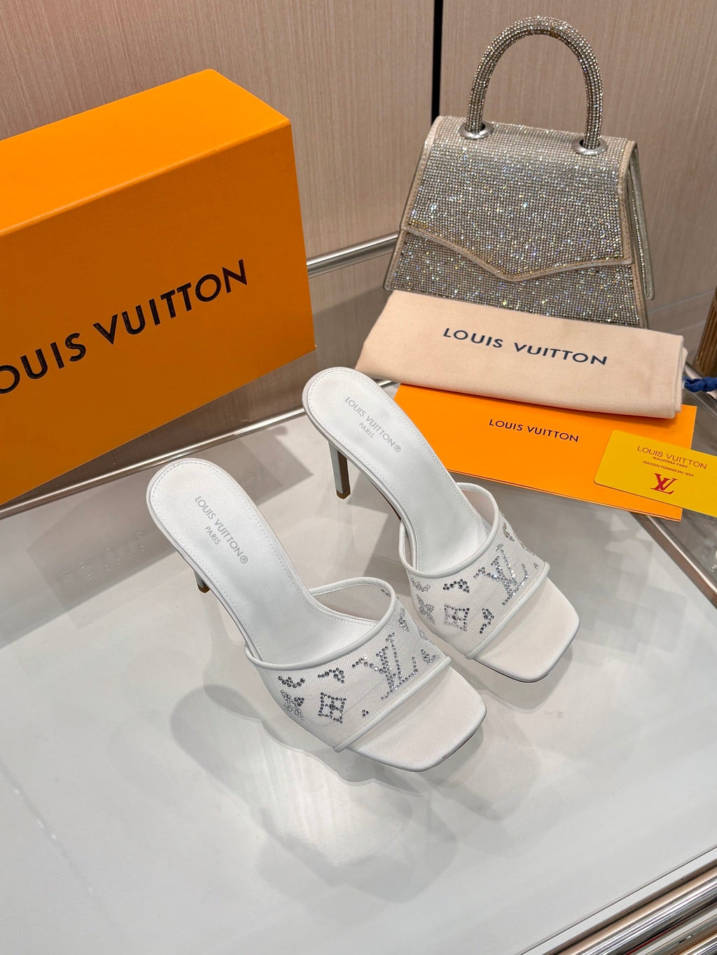 LV 26S MULE HEELS 90 MM IN WHITE FABRIC AND LAMBSKIN