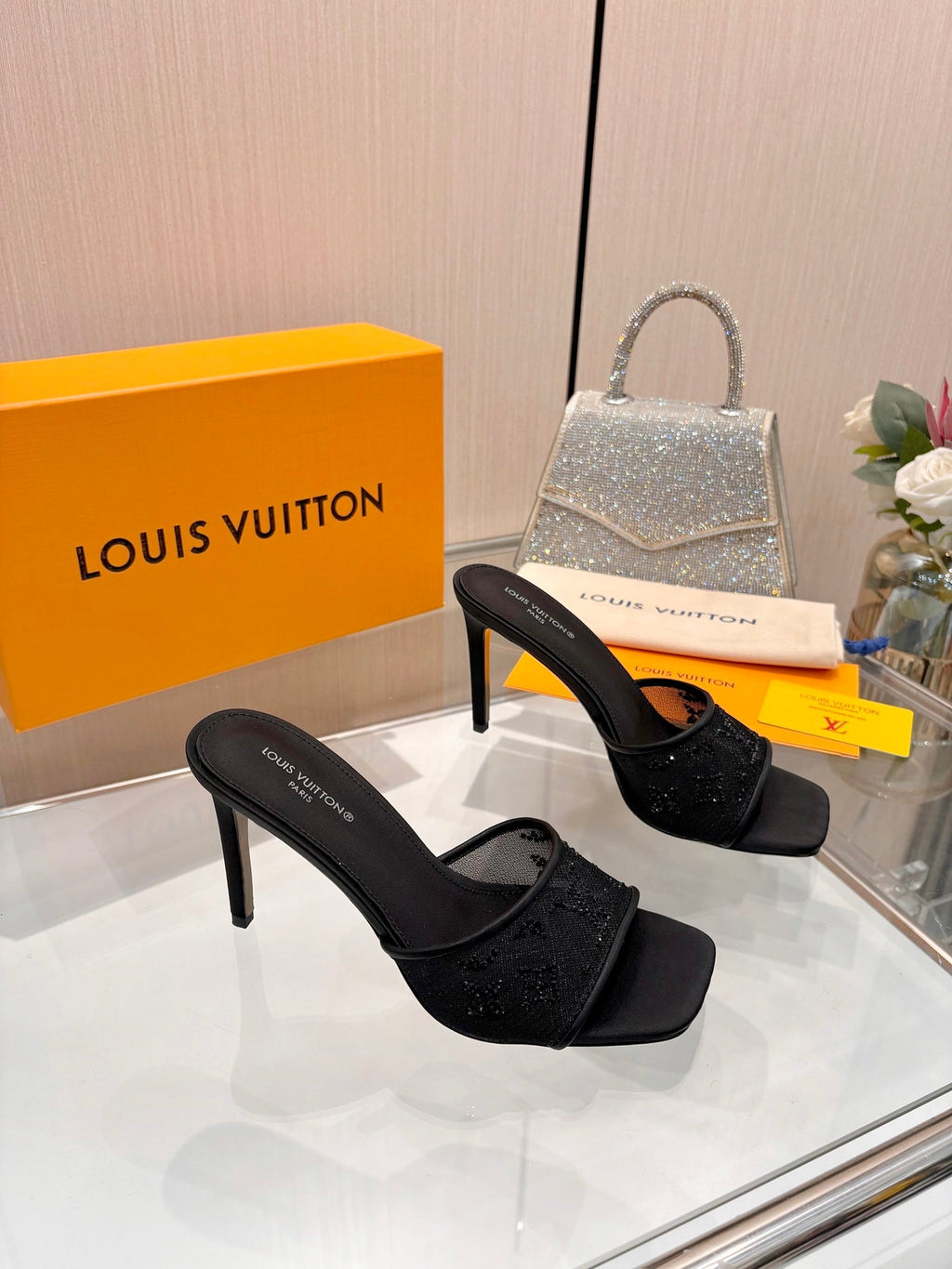 LV 26S MULE HEELS 90 MM IN BLACK FABRIC AND LAMBSKIN