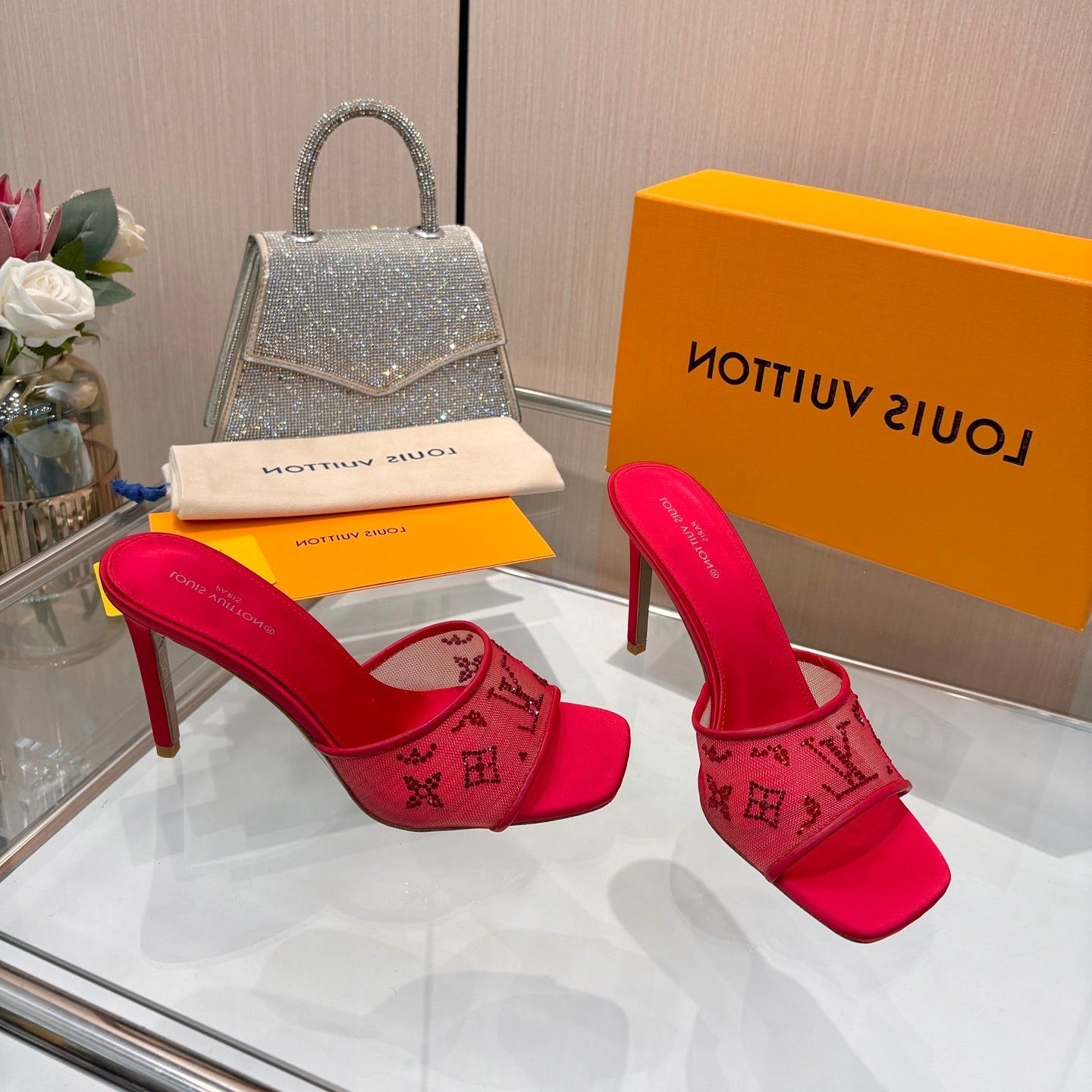LV 26S MULE HEELS 90 MM IN RED FABRIC AND LAMBSKIN