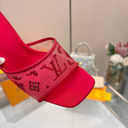 LV 26S MULE HEELS 90 MM IN RED FABRIC AND LAMBSKIN