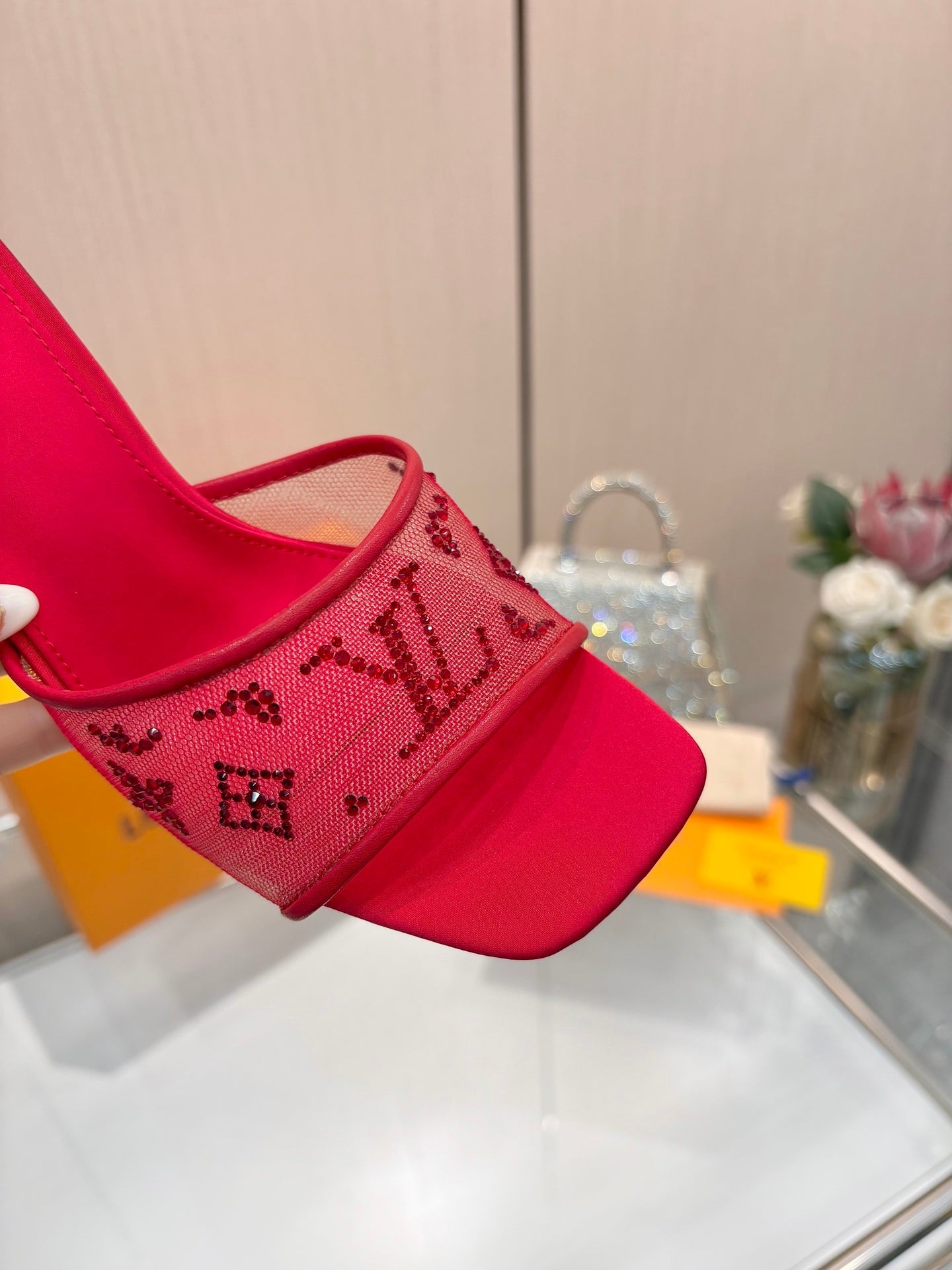 LV 26S MULE HEELS 90 MM IN RED FABRIC AND LAMBSKIN