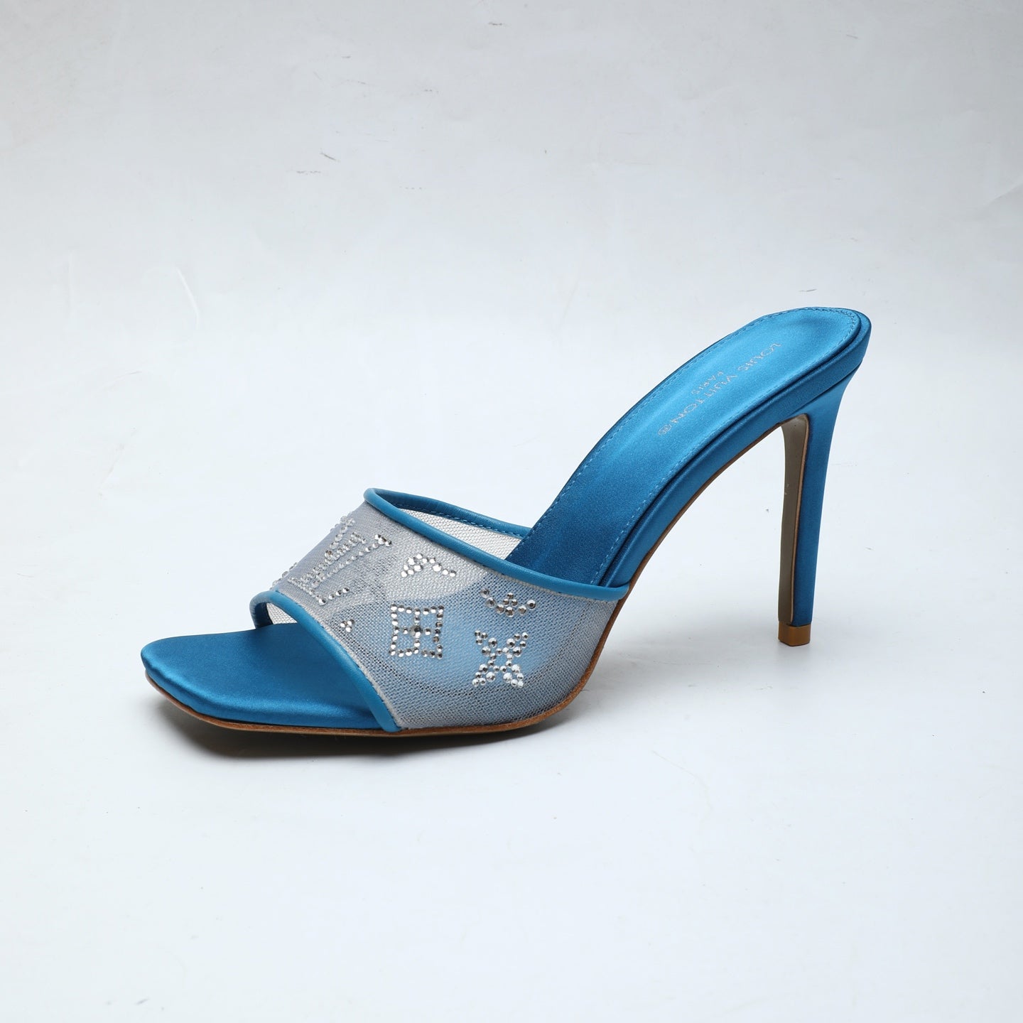 LV 26S MULE HEELS 90 MM IN OCEAN BLUE FABRIC AND LAMBSKIN