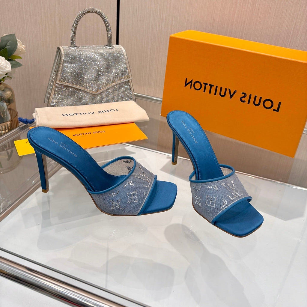 LV 26S MULE HEELS 90 MM IN OCEAN BLUE FABRIC AND LAMBSKIN