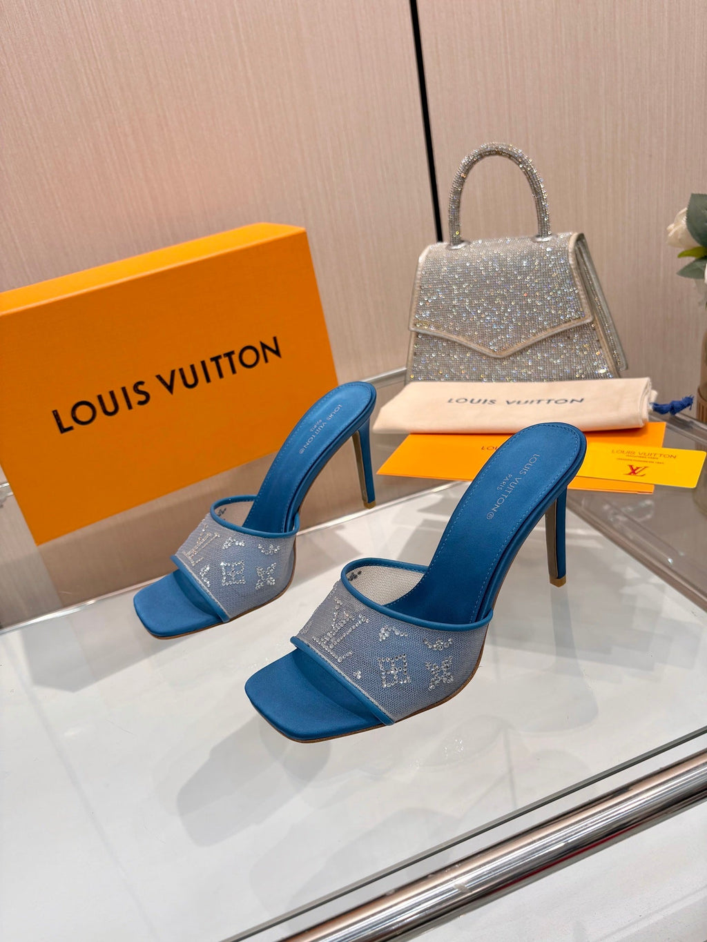 LV 26S MULE HEELS 90 MM IN OCEAN BLUE FABRIC AND LAMBSKIN