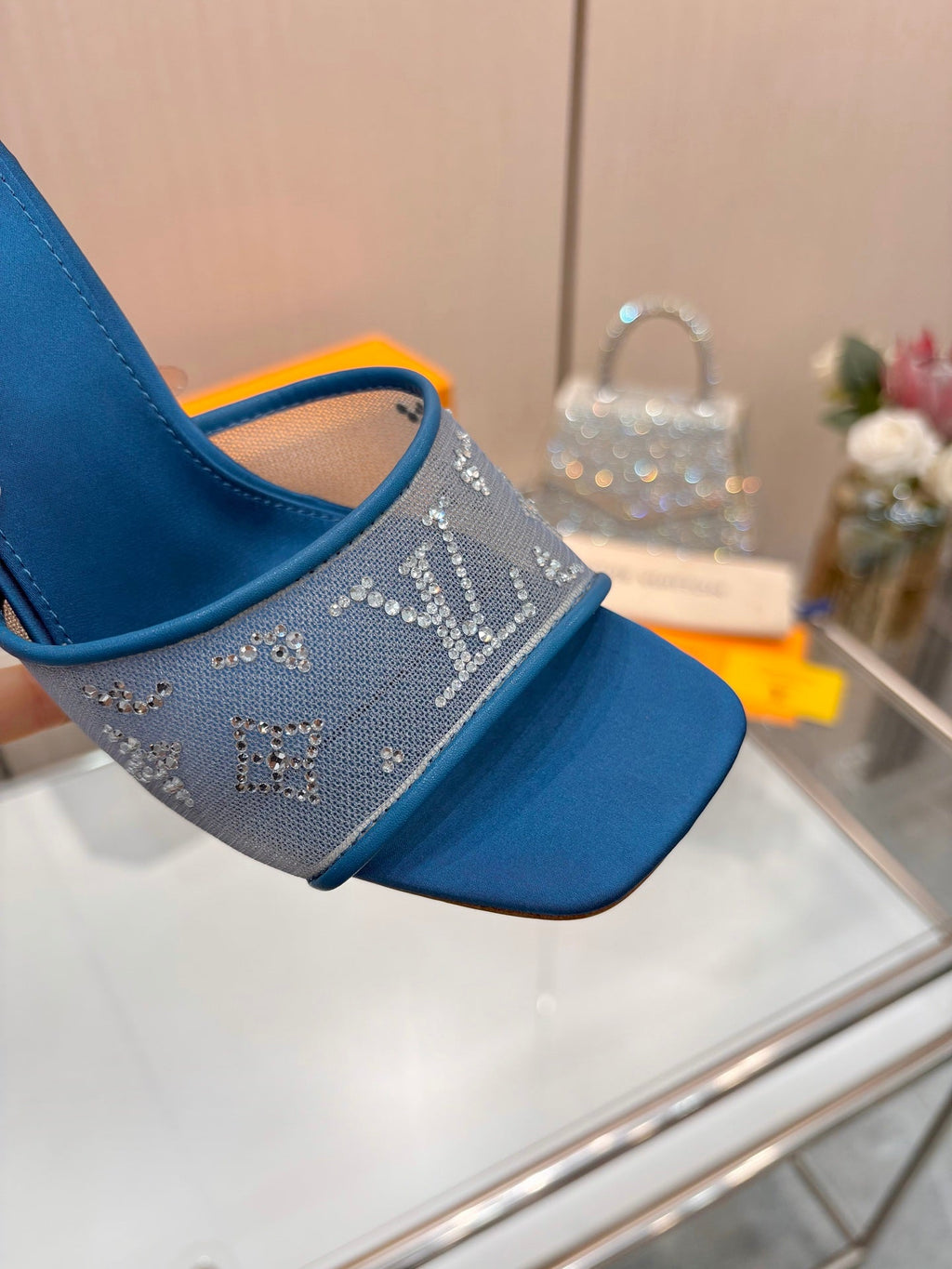LV 26S MULE HEELS 90 MM IN OCEAN BLUE FABRIC AND LAMBSKIN