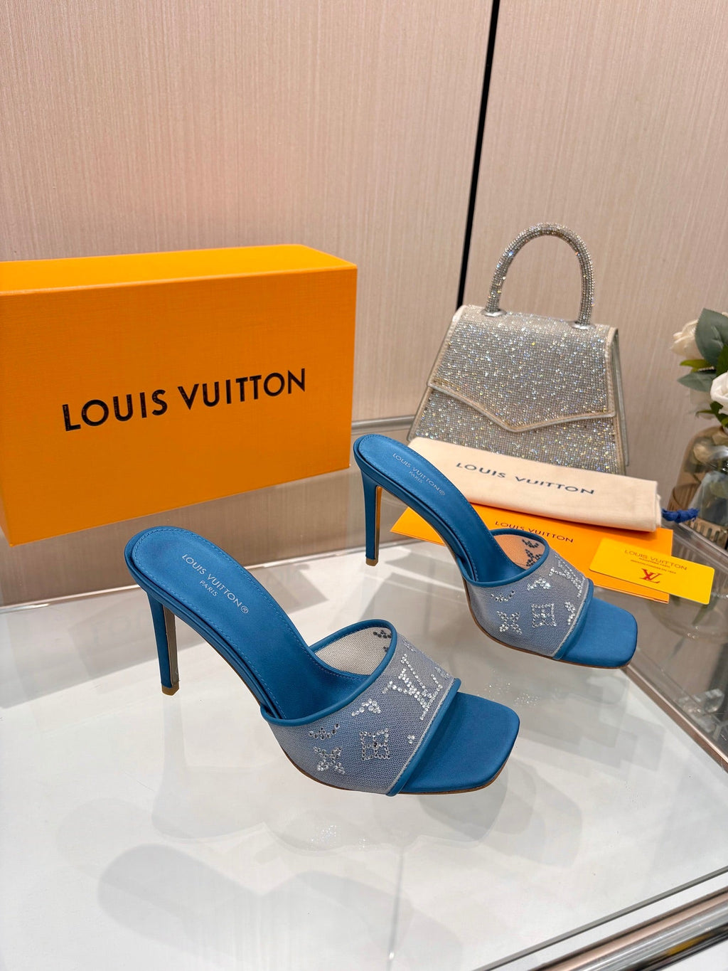 LV 26S MULE HEELS 90 MM IN OCEAN BLUE FABRIC AND LAMBSKIN