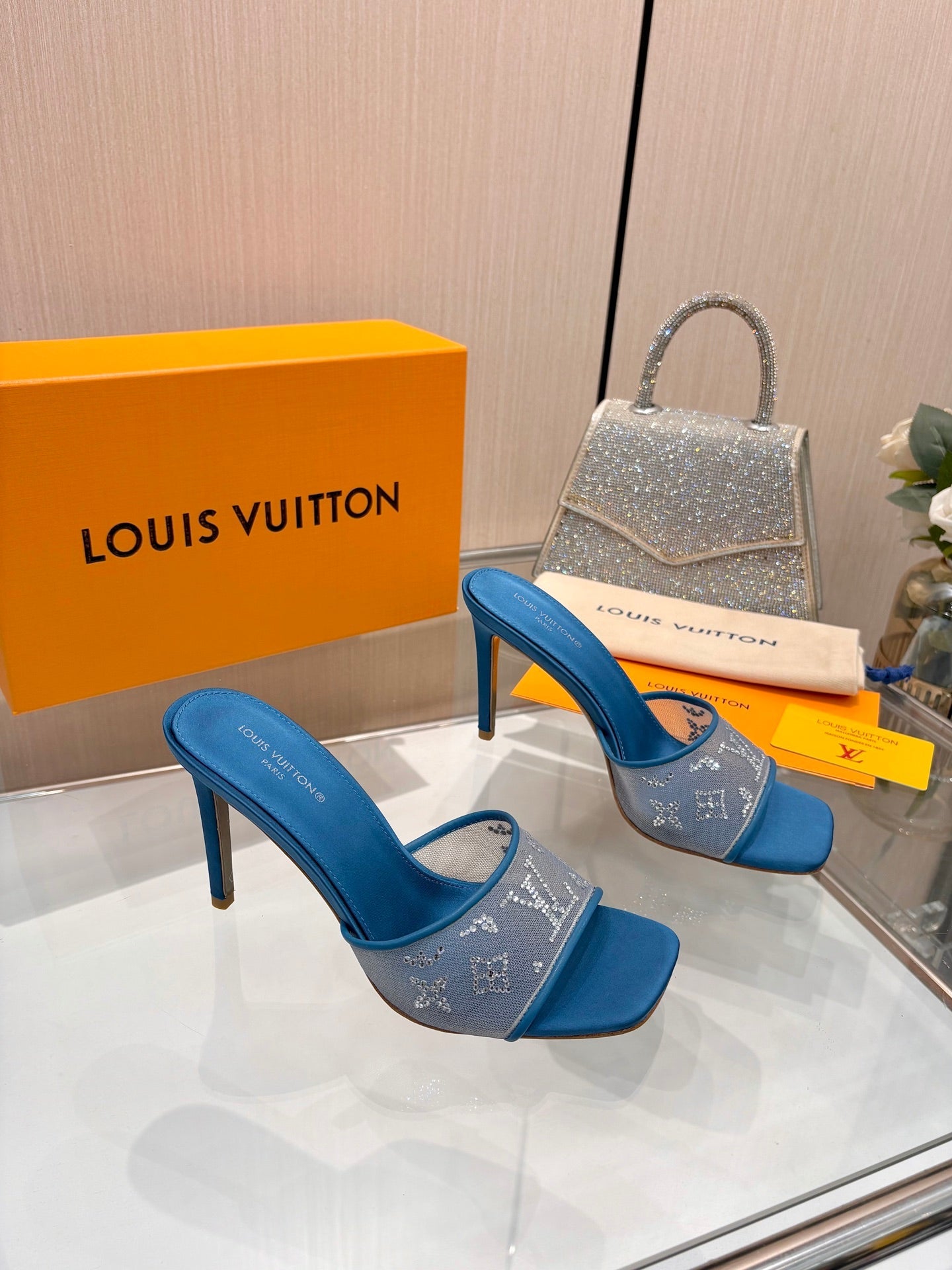 LV 26S MULE HEELS 90 MM IN OCEAN BLUE FABRIC AND LAMBSKIN