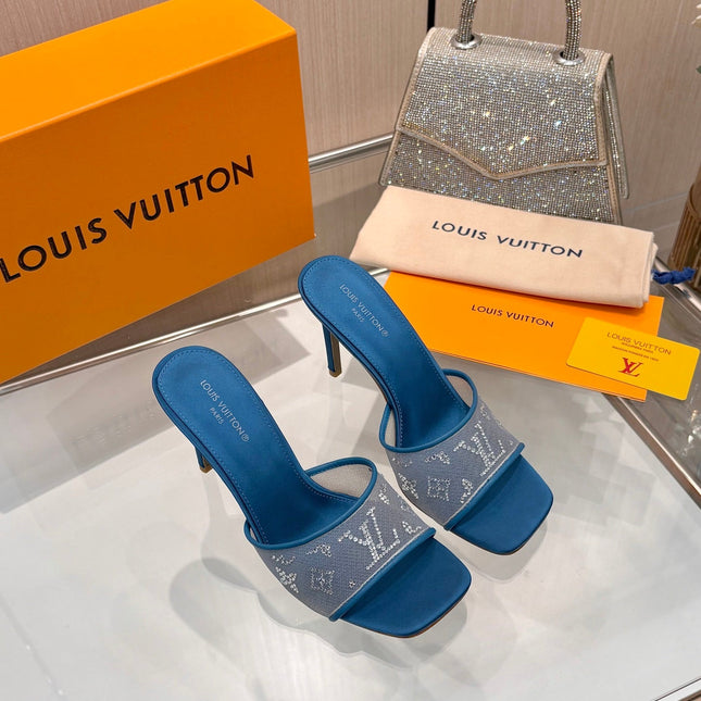 LV 26S MULE HEELS 90 MM IN OCEAN BLUE FABRIC AND LAMBSKIN